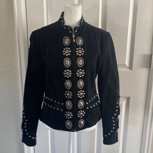 Womens black suede western jacket with silver conchos and studs